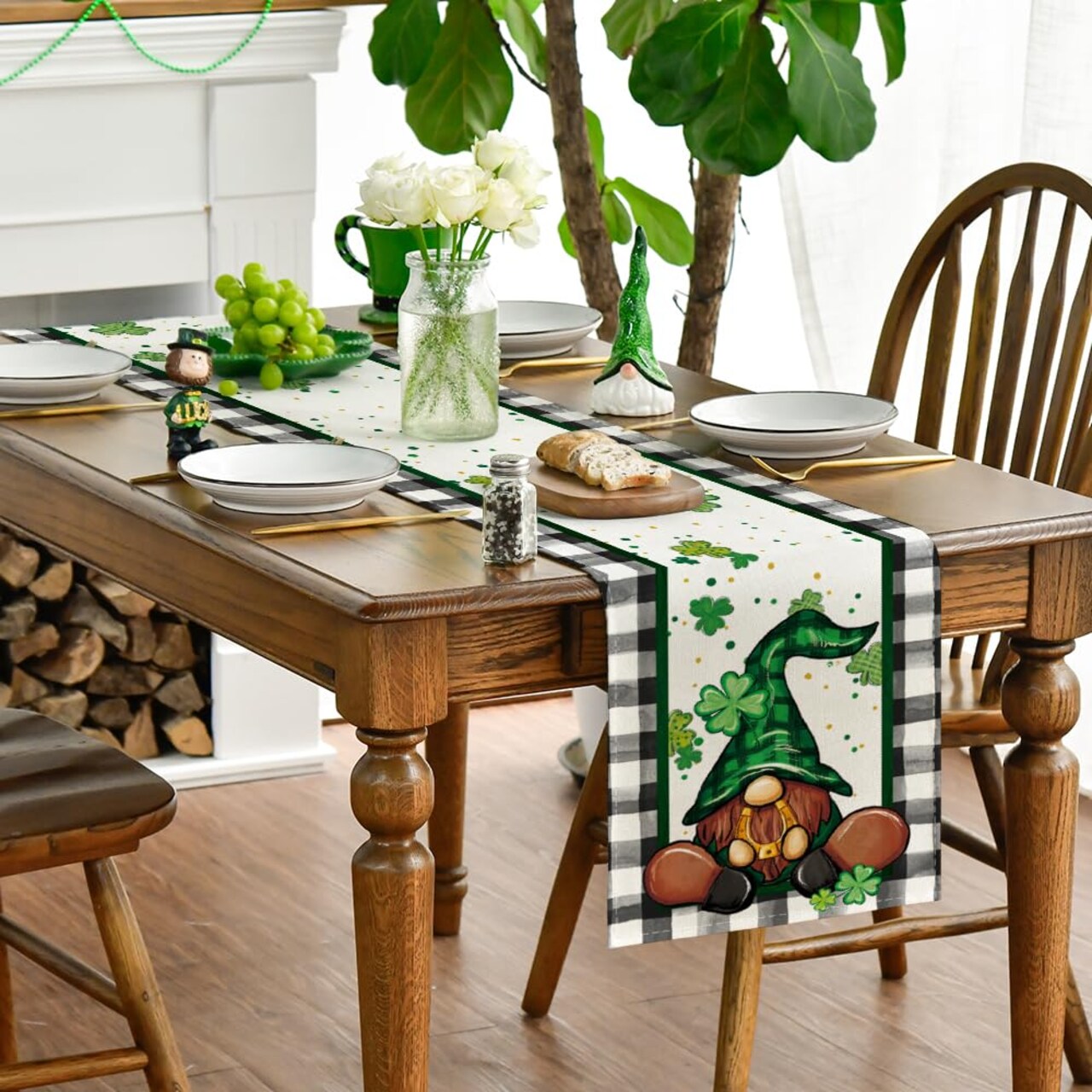 Buffalo Plaid Shamrock Gnome St. Patrick's Day Table Runner, Seasonal Spring Holiday Kitchen Dining Table Decoration for Indoor Outdoor Home Party Decor 13 x 72 Inch